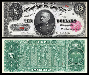 Ten-dollar Treasury Note from the series of 1890, by the Bureau of Engraving and Printing