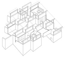 Axonometric drawing showing the sidestepping walls of the Woolley House in Mosman.