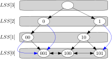 A binary tree with 4 levels. The nodes on each level are: 3: (), 2: (0) and (1), 1: (00) and (10), 0: (001), (100) and (101). The unlabeled node is the root. There are directed edges between the folllowing nodes: ()->(0), ()->(1), (0)->(00), (0)->(001) in blue, (1)->(10), (1)->(101) in blue, (00)->(001) twice, once in blue, (10)->(100), (10)->(101), (001)<->(100), (100)<->(101). The nodes on each level are contained in a box, labeled with LSS(<level>).