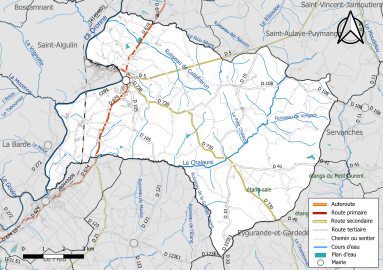 Carte en couleur présentant le réseau hydrographique de la commune