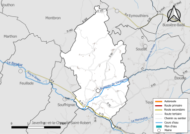 Carte en couleur présentant le réseau hydrographique de la commune