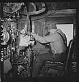 Ricardo, New Mexico. Engineer in his cab about to start the train along the Atchison, Topeka, and Santa Fe Railroad between Clovis and Vaughn, New Mexico.