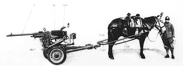 Breda 20/65 mod 35 on its two-wheeled trailer drawn by a mule