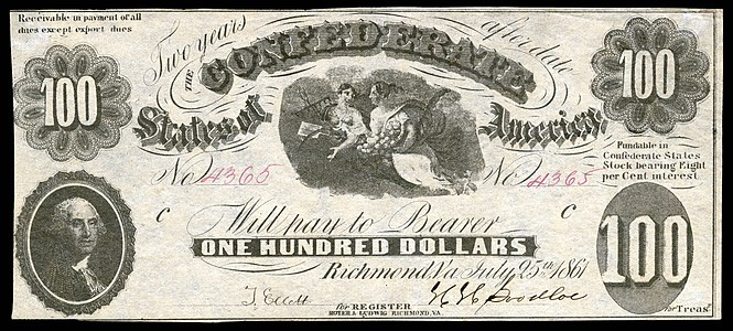 One-hundred Confederate States dollar (T7), by Hoyer & Ludwig