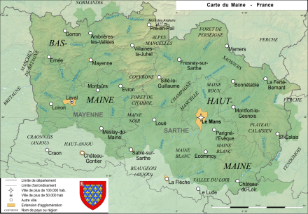 Carte représentant le Maine superposé aux départements modernes.