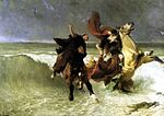 La fuite du roi Gradlon, selon Évariste-Vital Luminais, vers 1884, musée des beaux-arts de Quimper. Le cheval de droite est censé être Morvarc'h.