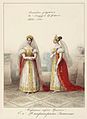 Court ladies' outfits, 1834 album. The ladies-in-waiting of the Empress in a red "sarafan" with a white skirt, gold embroidery and a carved gold kokoshnik.