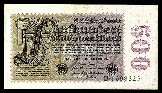 Five-hundred-million Mark at German Papiermark, by the Reichsbankdirektorium Berlin