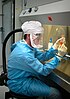 A microbiologist examines a specimen within a vial, holding it behind a clear glass shield.