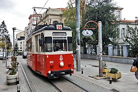 Top: Two heritage trams on the European side, on the Taksim-Tünel (T2) Nostalgia Tramway. Bottom: Istanbul 202 (ex-Jena 102) on the Asian side, on the T3 circular nostalgia tramway.