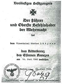 Temporary certificate for the Knight's Cross of the Iron Cross