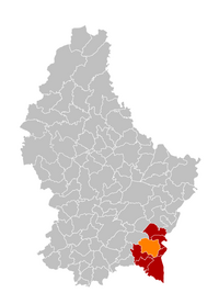Map of Luxembourg with Bous-Waldbredimus highlighted in orange, and the canton in dark red