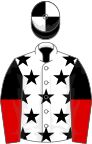 White, black stars, black and red halved sleeves, black and white quartered cap
