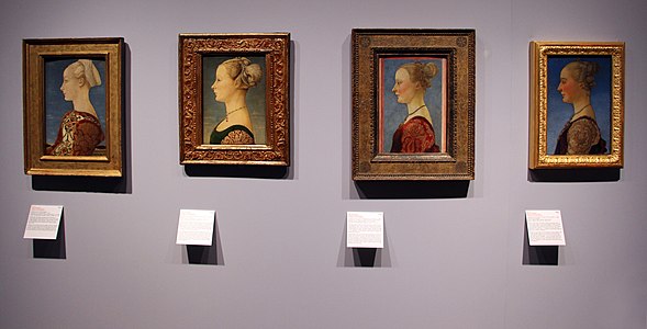 Four Renaissance profile portraits of women attributed to the Pollaiolo brothers, exhibited at the Museo Poldi Pezzoli, Milan, in 2014–2015
