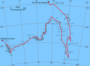 Chart of an area of sea in which an irregular line shows the passage of Quest