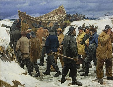 Redningsbåden køres gennem klitterne, at and by Michael Ancher