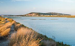 Le Mont Saint-Clair derrière les anciens marais salants