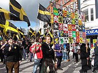 2014 Saint David's Day celebrations, Cardiff, with the flags of Saint David being waved.