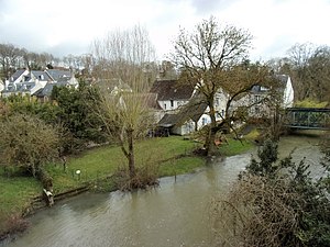 Photographie en couleurs de maisons en contrebas d'une route, au milieu d'arbres et au bord d'un cours d'eau.