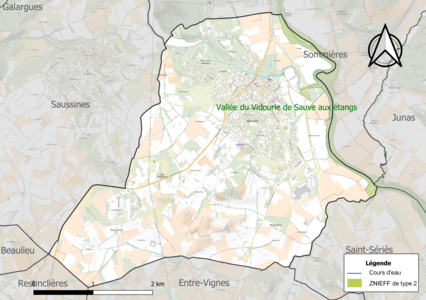 Carte de la ZNIEFF de type 2 sur la commune.