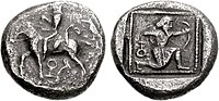Possible coin of Syennesis, Tarsos. Circa 425-400 BC. Satrap on horseback riding left; behind, eagle perched left on branch; monogram below / Archer in kneeling-running stance right, drawing bow; monogram behind.