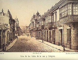 Colonial Calles de la Oca and de Bodegones (Lima) in 1866 by Manuel A. Fuentes and Firmin Didot, Brothers, Sons & Co. University of Chicago Library.[28]