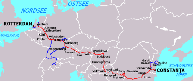 Schweinfurt an der Großschifffahrtsstraße, die über den Rhein-Main-Donau-Kanal Nordsee und Schwarzes Meer verbindet