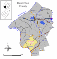 Location of Delaware Township in Hunterdon County highlighted in yellow (right). Inset map: Location of Hunterdon County in New Jersey highlighted in black (left).