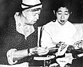 Eleanor Roosevelt lunches with her interpreter, Yoko Matsuoka, at the Japanese Labor Ministry, on May 25, 1953