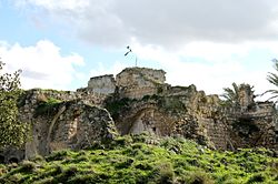 שרידי המצודה הצלבנית כפי שנראית מהכניסה לגן