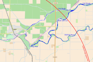 A map showing the three channels of the Kings River, with the planned California High-Speed Rail line crossing them in a broad arc to the east, and the community of Laton, California to the west