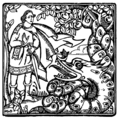 Image 43Engraving of a fairy tale scene, featuring Prince Charming (Făt-Frumos) and a dragon (zmeu). (from Culture of Romania)