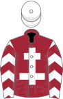 Maroon, white cross of lorraine, white sleeves, maroon chevrons, white cap