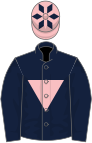 Dark blue, pink inverted triangle, pink cap, blue diamonds