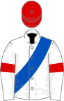 White, Royal Blue sash, White sleeves, Red armlets, Red cap