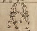 Coup de pied délivré dans le genou de l’agresseur, ici en « ringen », art de combat germanique – illustration baroque (Johann Georg Passchen, 1659)