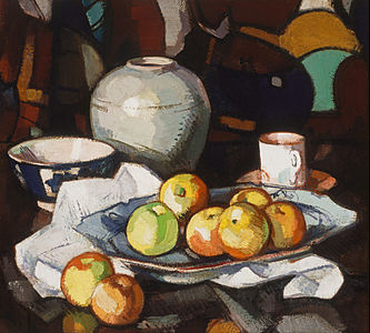 Still life: apples and jar, at and by Samuel Peploe