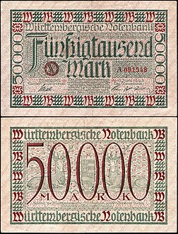 Nota de 50 000 marcos Notgeld emitida em 1923 pelo Württembergische Notenbank, Alemanha. Notgeld (alemão para “dinheiro de emergência” ou “dinheiro de necessidade”) refere-se ao dinheiro emitido por uma instituição em um momento de crise econômica ou política. A instituição emissora é geralmente uma instituição sem sanção oficial do governo central. Isso geralmente ocorre quando não há dinheiro suficiente produzido pelo Estado disponível no banco central. Em particular, notgeld geralmente se refere ao dinheiro produzido na Alemanha e na Áustria durante a Primeira Guerra Mundial e no período entreguerras. (definição 3 828 × 3 828)