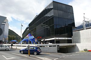 Four-story boxy glass building