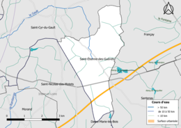 Carte en couleur présentantle réseau hydrographique de la commune