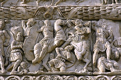 Galerius (L) attacks Narses (R). Arch of Galerius.