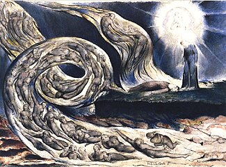 William Blake, kuvitusta Danten Jumalaiseen näytelmään, 1824 - 1827. Lyijykynä, tussi ja vesiväri.