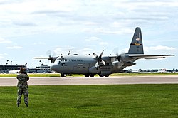 A C-130 Hercules of the Minnesota Air National Guard's 133rd Airlift Wing taxiing at Minneapolis–Saint Paul ARS during 2010 after returning from a tour in Afghanistan.