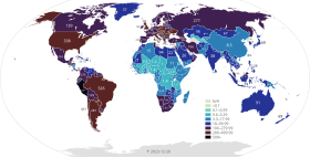 خريطة الوفيات الفردية المؤكدة حتى 20 نوفمبر 2022  +100 وفاة مؤكدة لكل مليون نسمة   10-100 وفاة مؤكدة لكل مليون نسمة   1-10 وفاة مؤكدة لكل مليون نسمة   0.1-1 وفاة مؤكدة لكل مليون نسمة   >أكثر من 0-0.1 وفاة مؤكدة لكل مليون نسمة   لا وفيات مؤكدة أو لا بيانات متوفرة