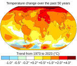 Map of average surface air temperatures from 2011 to 2020 compared to the 1951–1980 average