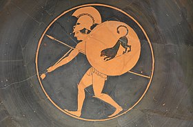 Gobelet d'Oltos ; la mort de Patrocle, céramique à figures rouges de Vulci (Italie), vers 510 av. J.-C., Altes Museum, Berlin.