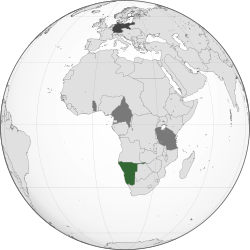 Green: German South West Africa Dark gray: Other German colonial possessions Darkest gray: German Empire (1911 borders)