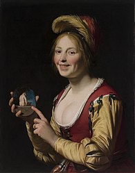 Smiling Girl, a Courtesan, Holding an Obscene Image (1625) by Gerard van Honthorst. Humor has been noted as a source of inspiration for many notable Dutch Golden Age painters.[14]