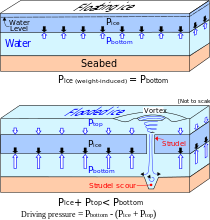 When a floating ice sheet (top diagram) is flooded (bottom diagram), a strudel may form, leading to buoyancy-driven, jet-like water drainage and associated scour in the seabed (σ: pressure).