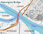 Karta över gränsområdet mellan Botswana, Namibia, Zambia och Zimbabwe vid Chobeflodens mynning i Zambezi.